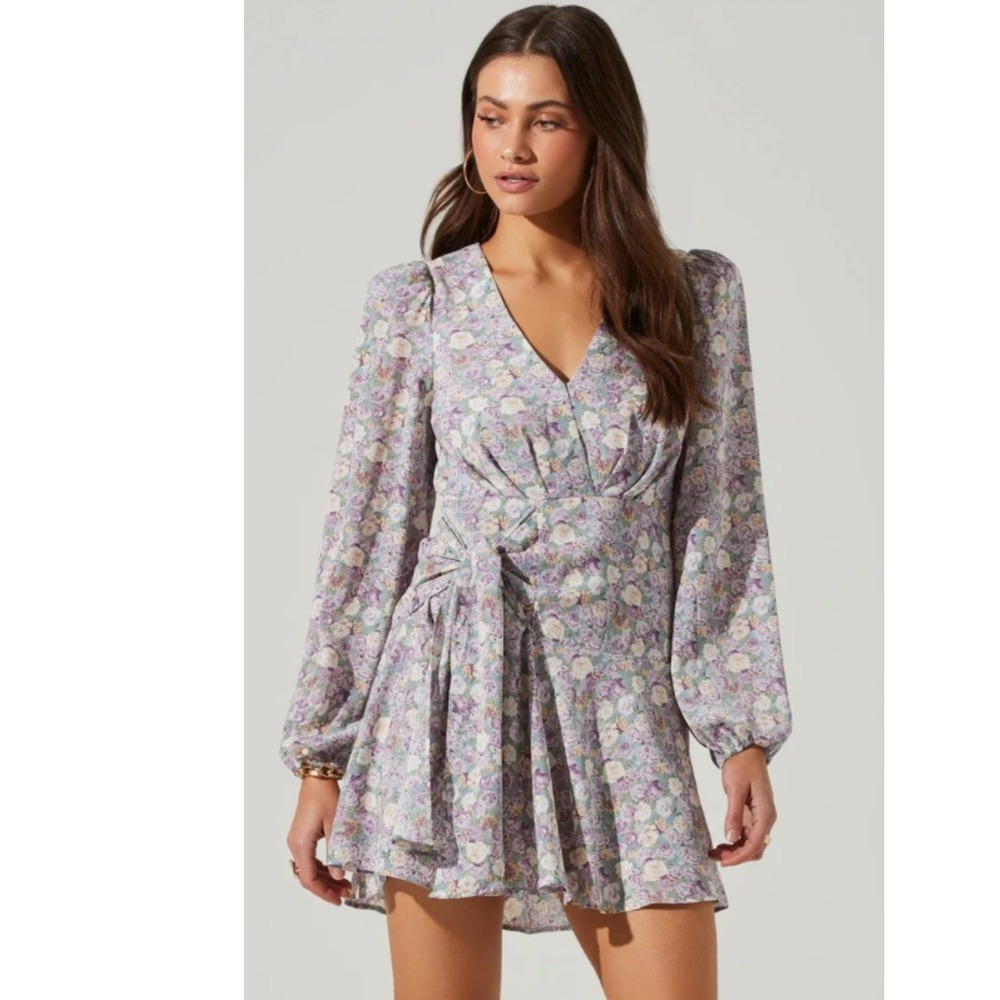 ASTR The Label Purple Sage Floral Bishop Sleeve Mini Dress Fairycore Fall Sz M